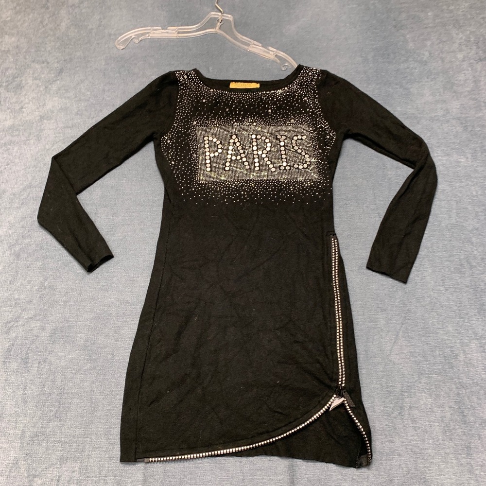 Vinizbena Sweater Dress Womens Large Black Paris Rhinestone Asymmetrical Zip Hem
